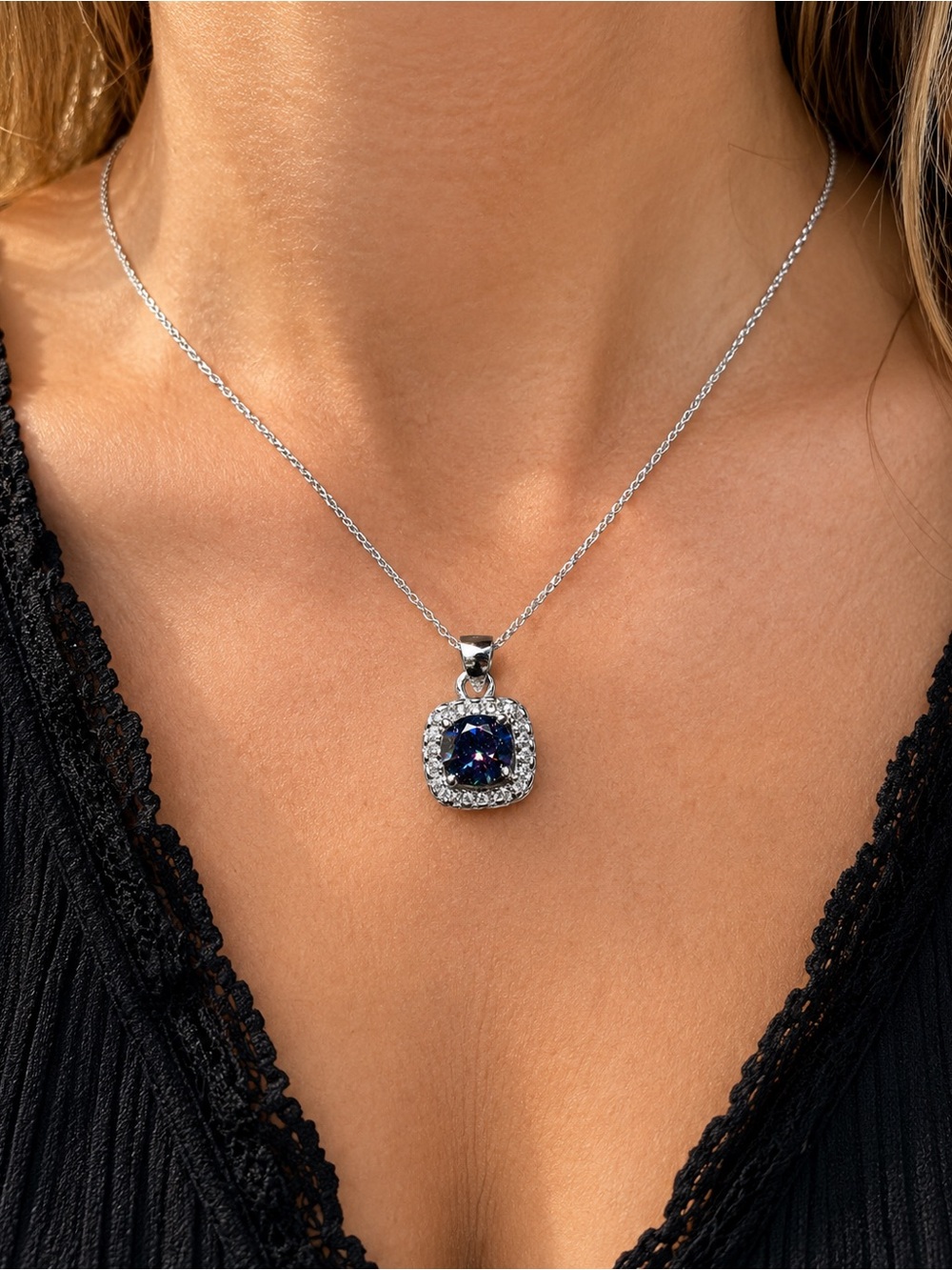 Dark Blue Moissanite Halo Pendant 925 Sterling Silver Cushion Cut New